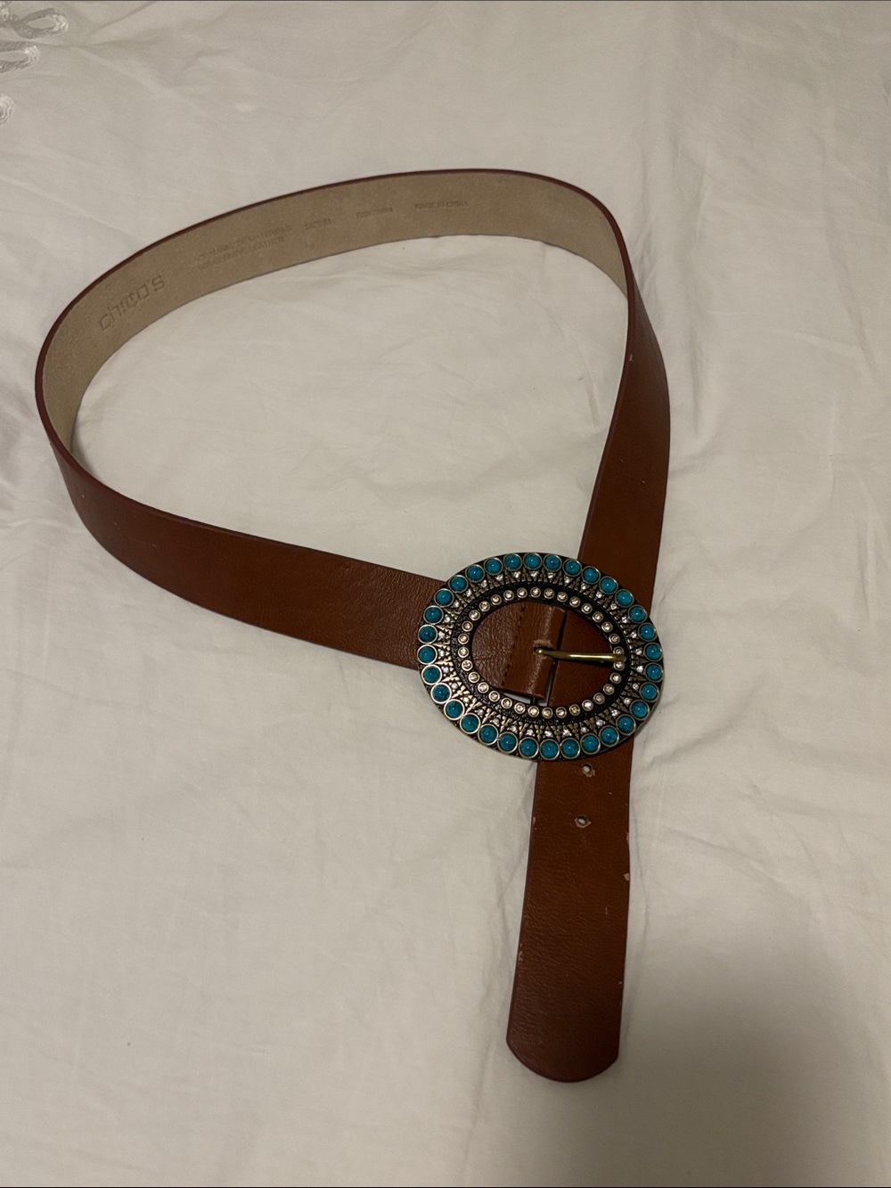 Chico’s Belt brown leather size medium aqua & diamond like jeweled buckle